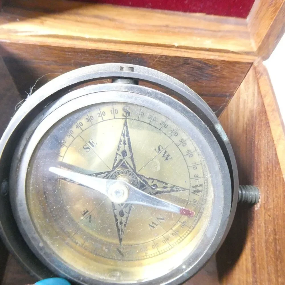 Brass Compass w/Wooden Box Nautical Maritime Vintage Style